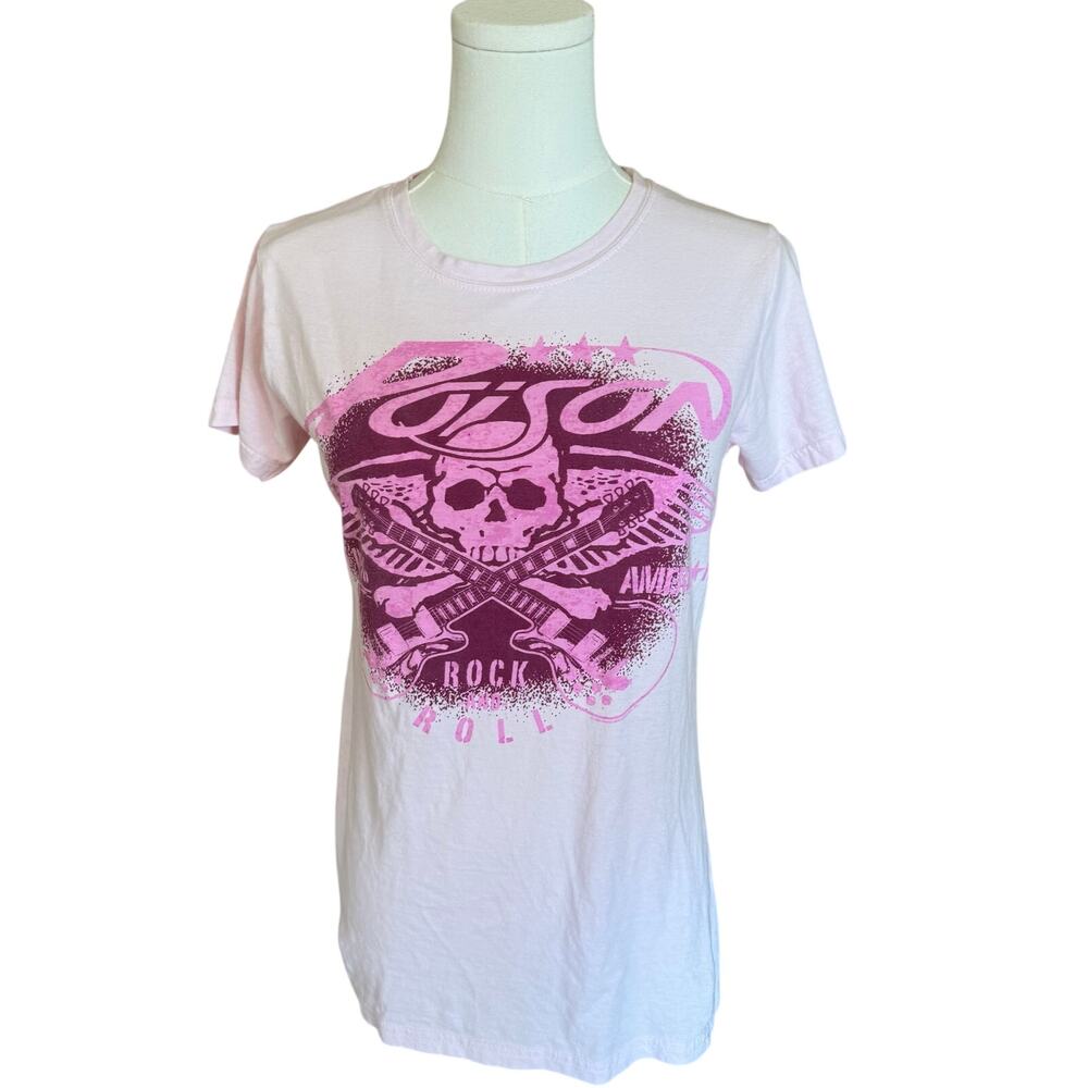 Poison Rock Band Light Pink Skull Graphic T Shirt Womens XL Tultex Fine Jersey